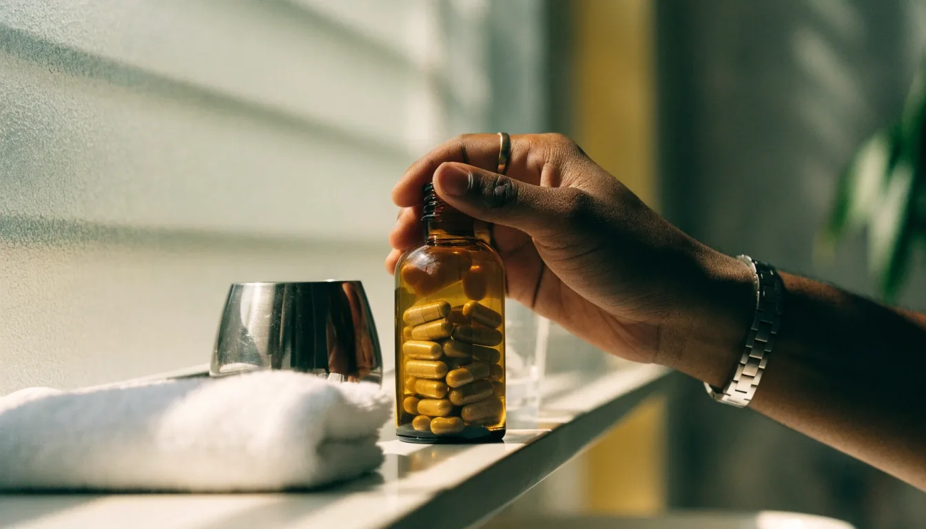 Unbranded amber supplement bottles, a magnifier and a notebook arranged on a desk under a single lamp