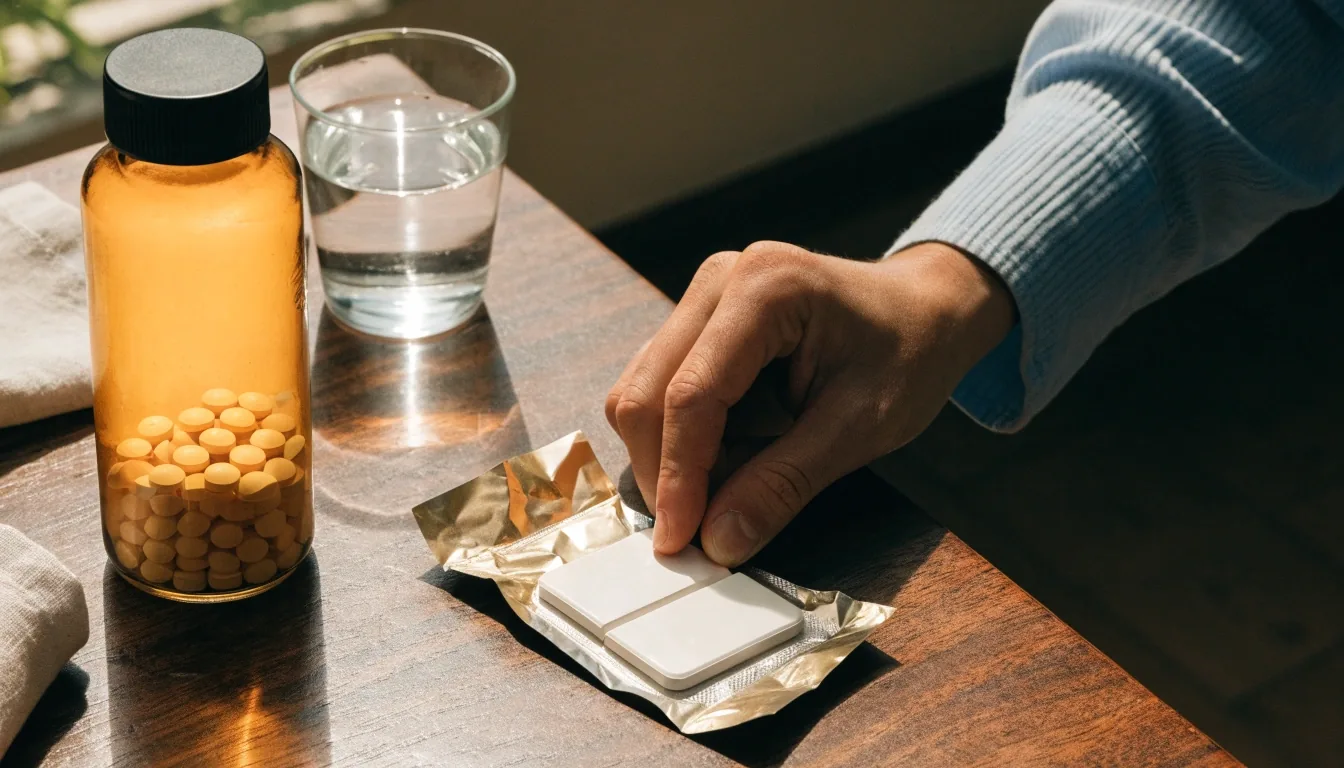 Unbranded amber supplement bottle on a bare stainless worktop beside a plain foil strip and a few loose tablets